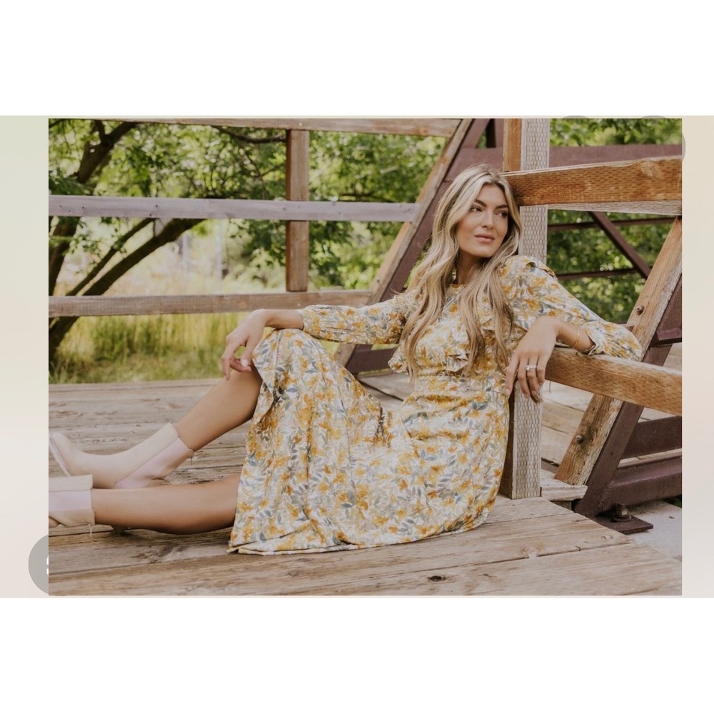 J3 Roolee Mom Yellow Floral Nursing Friendly‎ Ruffle Midi XL Long Sleeve Pocket